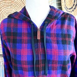 LL Bean Flannel Plaid Zip Up Hoodie Relaxed Fit 2X Purple Red Black Cotton